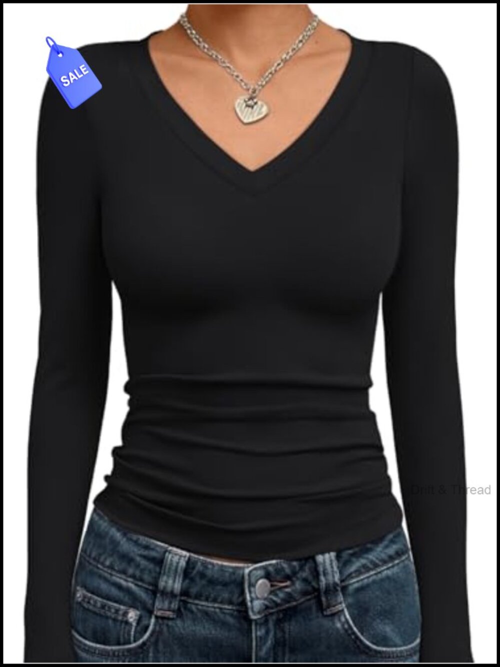 Women's Long Sleeve Crop Top V-Neck Stretch Fit Basic Tee